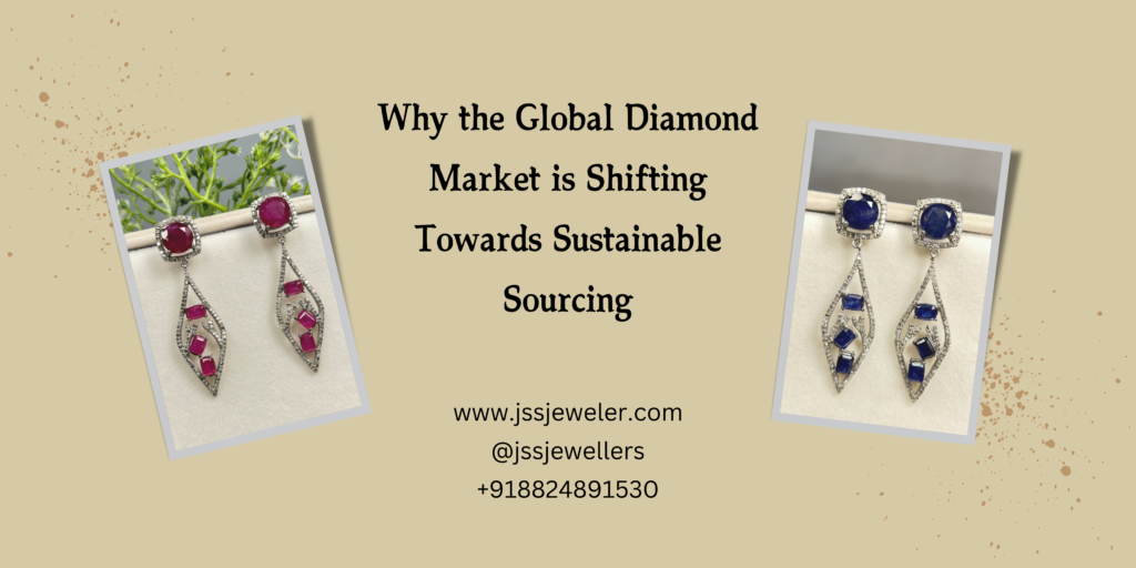 Earrings: The primary focus is on two pairs of blue sapphire earrings. They are elegantly designed, with a larger blue stone at the top and a dangling, diamond-encrusted lower section. The earrings on the left have a deeper blue hue with ruby accents on the ear post, while the earrings on the right are a lighter blue with diamond accents on the ear post. Framing: Each pair of earrings is displayed within a slightly angled, Polaroid-style frame. The frames add a touch of casualness and highlight the earrings as individual items. Background and Text: Background: The background is a soft, textured beige with a subtle, speckled pattern. It provides a neutral backdrop that allows the earrings to stand out. Title: The main message, "Why the Global Diamond Market is Shifting Towards Sustainable Sourcing," is prominently displayed in a bold, sans-serif font at the top of the image. This title clearly communicates the theme of the graphic.