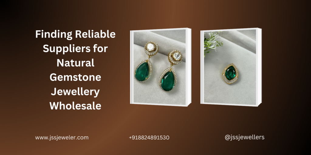 This image is an advertisement for JSS Jewellers, a wholesale supplier of natural gemstone jewelry. The central focus is a close-up photograph of a pair of antique-style earrings. These earrings feature emerald doublets as the primary stones, accented with studded moissanite polki stones, all set in 925 silver. The image highlights the intricate design and craftsmanship of the earrings, showcasing their elegance and potential appeal to retailers.