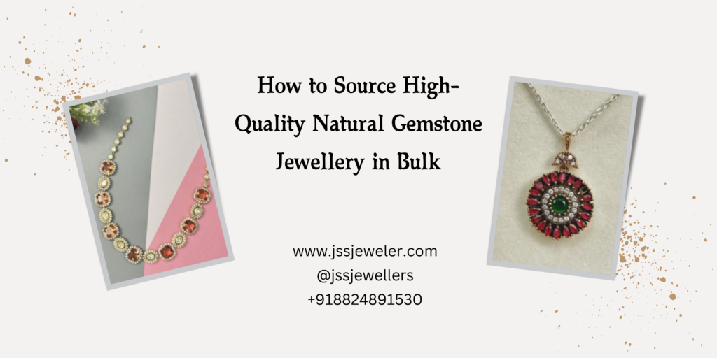 Two framed images: Left: Shows a close-up of a necklace with multiple gemstone beads, primarily in shades of orange and pink. Right: Features a pendant with a circular design, showcasing small red gemstones surrounding a central green (likely ruby and emerald). The pendant hangs from a silver chain. Scattered gold flakes: Decorative gold flakes are scattered around the framed images, adding a touch of elegance and visual interest. Plain background: The background is a light, neutral color, which helps the jewelry images and text stand out.