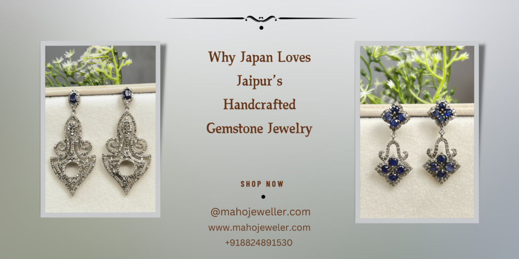 "An advertisement featuring two pairs of intricately designed handcrafted gemstone earrings with blue sapphire accents from Jaipur. The background includes soft plant elements. The text in the center highlights Japan's love for Jaipur’s handcrafted gemstone jewelry, with a call to shop now. Contact details, including the Instagram handle @jssjewellers, website www.jssjeweler.com, and phone number +918824891530, are displayed."