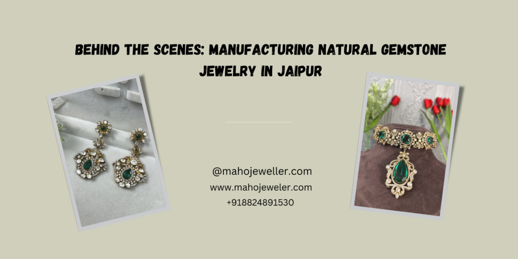 Two images of jewelry pieces are placed on either side of the banner at a slight tilt. The left image showcases a pair of earrings with green gemstone teardrops, surrounded by diamonds and intricate goldwork, displayed on a soft grey background. The right image features an ornate gold choker necklace with multiple green gemstones, including a large teardrop pendant, displayed on a velvet stand with red flowers and greenery in the background.