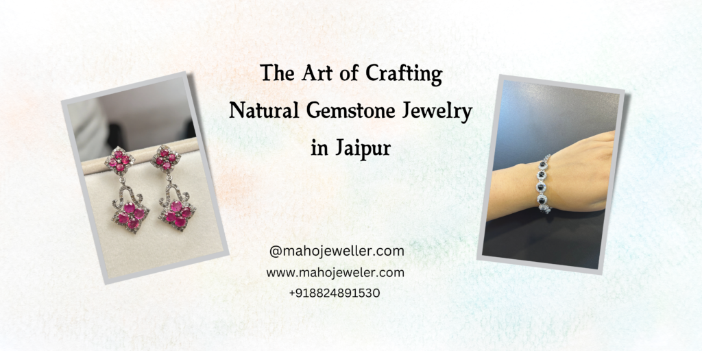 Alt text: "A promotional banner for JSS Jeweler showcasing natural gemstone jewelry crafted in Jaipur. The banner features two tilted images: one on the left displaying a pair of elegant ruby and diamond earrings set in silver, and one on the right showing a delicate gemstone bracelet worn on a hand. The central text reads 'The Art of Crafting Natural Gemstone Jewelry in Jaipur,' with contact details below, including the website (www.jssjeweler.com), Instagram handle (@jssjewellers), and phone number (+918824891530). The background has a subtle textured effect."